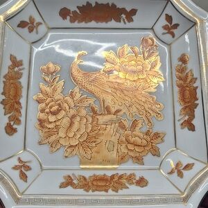 Gold and White Decorative Plate with Peacock Design